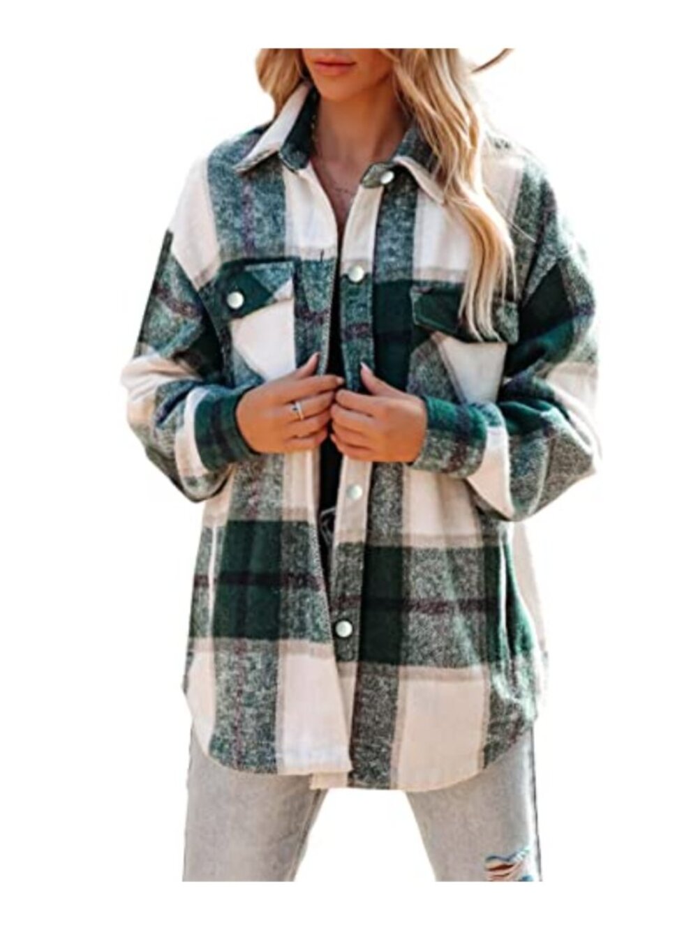 Plaid Wool Blend Shacket Button Down Shirt Jacket Loose Fit Long Sleeve Overcoat